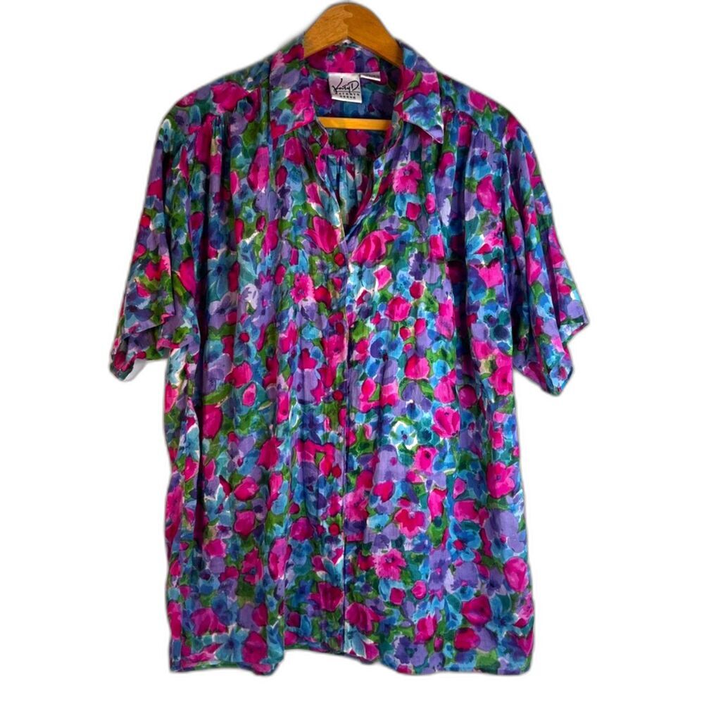 Kathryn Deene Bright Floral Print Button Up 100% Cotton Top Blouse Size 14/16